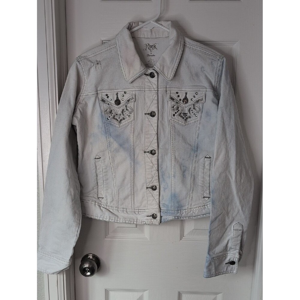 Rock 47 By Wrangler Womens Light Blue Embellished Denim Jacket Size L
